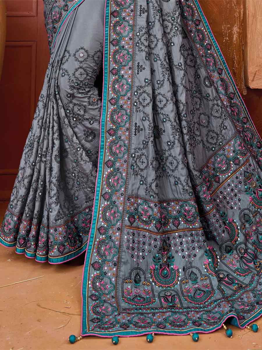 Multi Monalisha Silk Embroidered Wedding Festival Heavy Border Saree