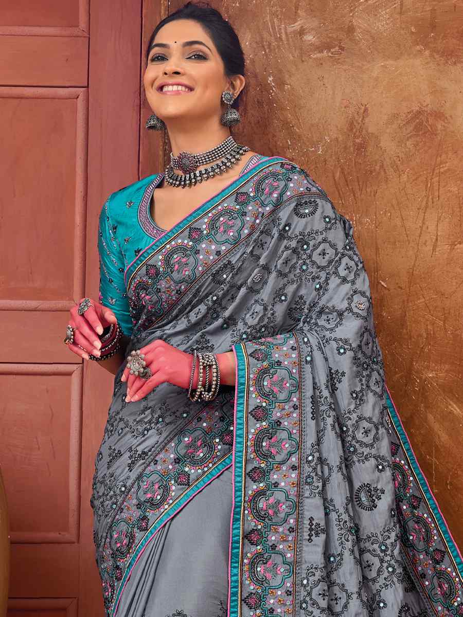 Multi Monalisha Silk Embroidered Wedding Festival Heavy Border Saree