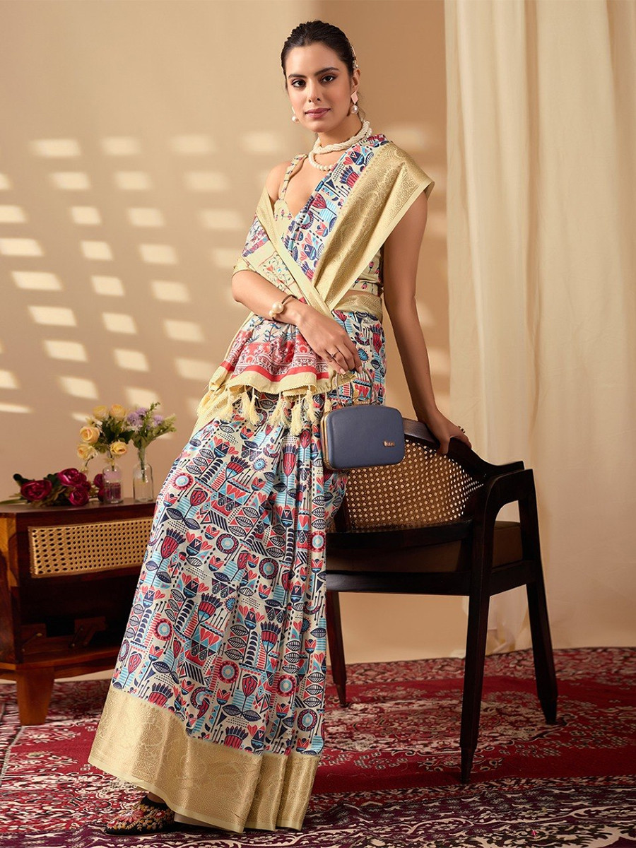 Multi Monsoon Georgette Silk Printed Wedding Reception Party Festival Casual Heavy Border Sarees