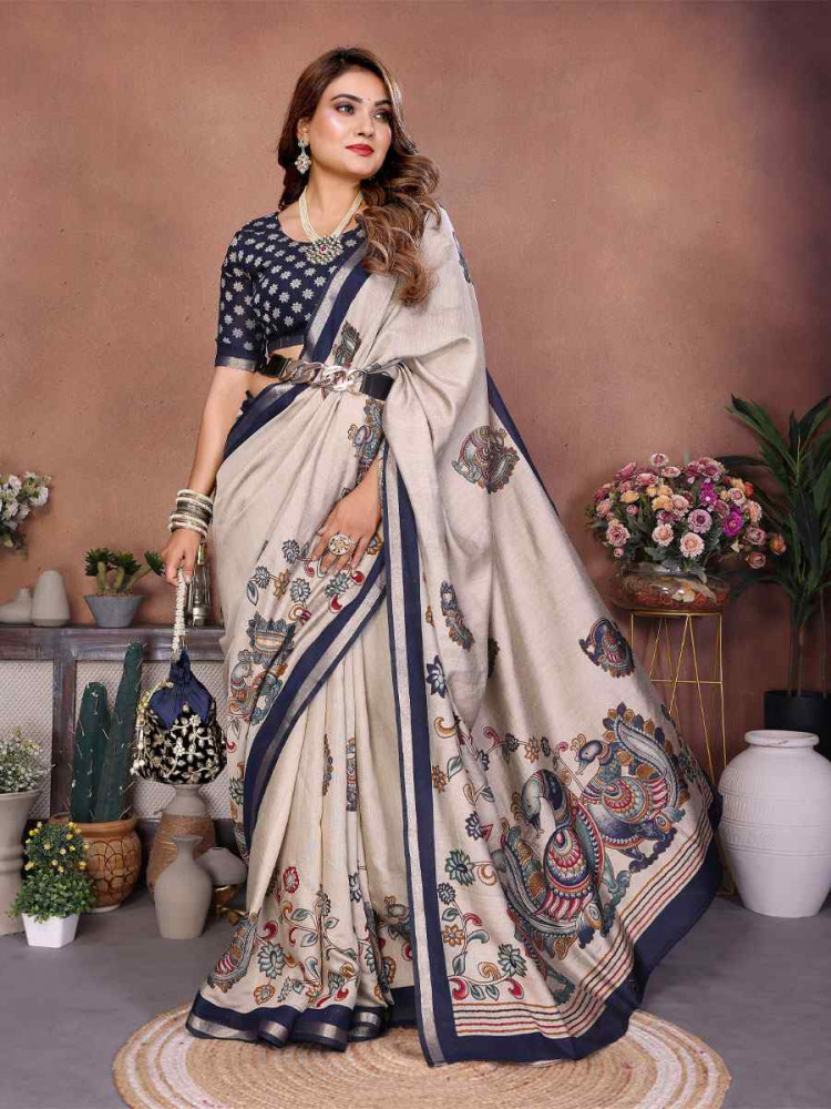 Image of Multi Mul Cotton Kalamkari Printed Festival Wedding Fancy Heavy Border Saree