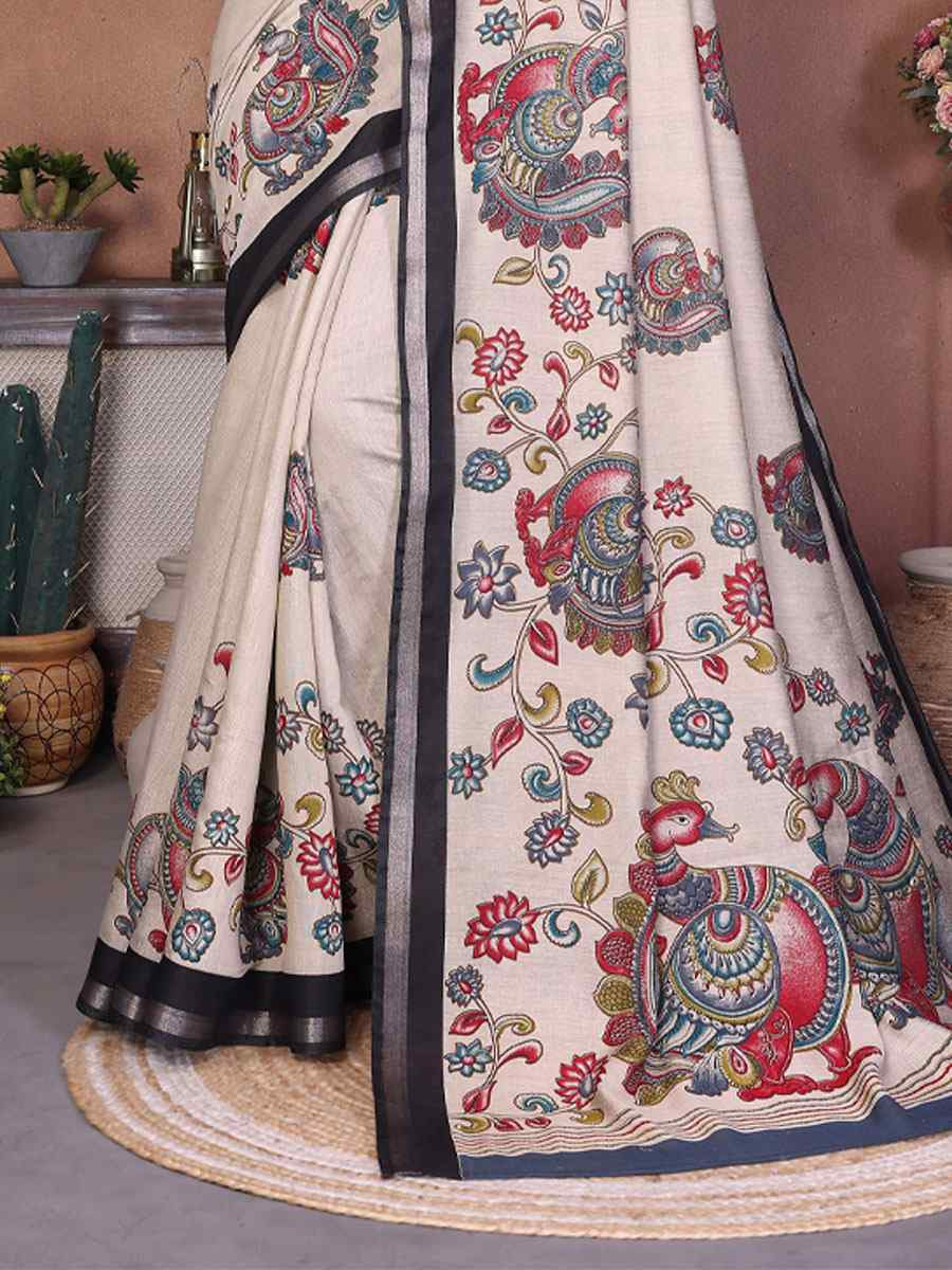 Multi Mul Cotton Kalamkari Printed Festival Wedding Fancy Heavy Border Saree