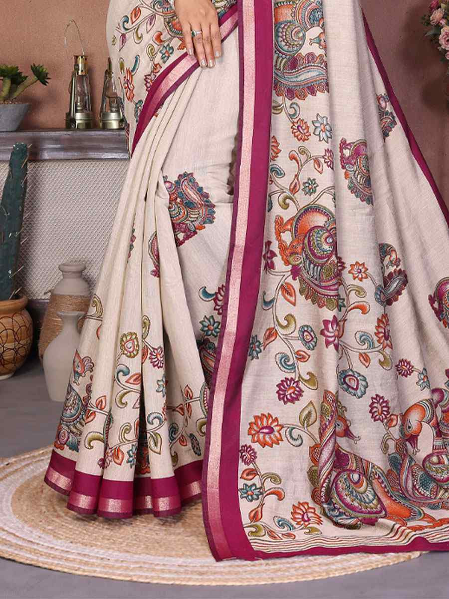 Multi Mul Cotton Kalamkari Printed Festival Wedding Fancy Heavy Border Saree