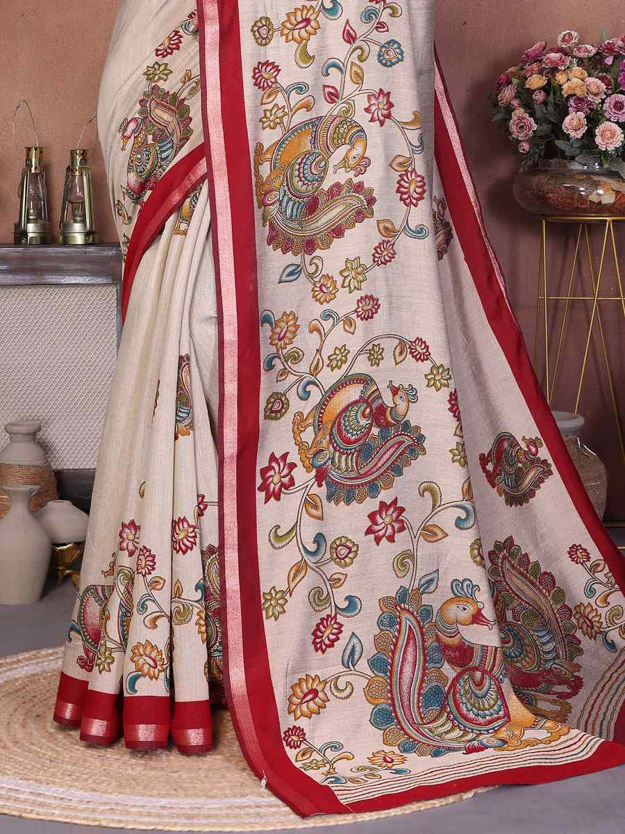 Multi Mul Cotton Kalamkari Printed Festival Wedding Fancy Heavy Border Saree