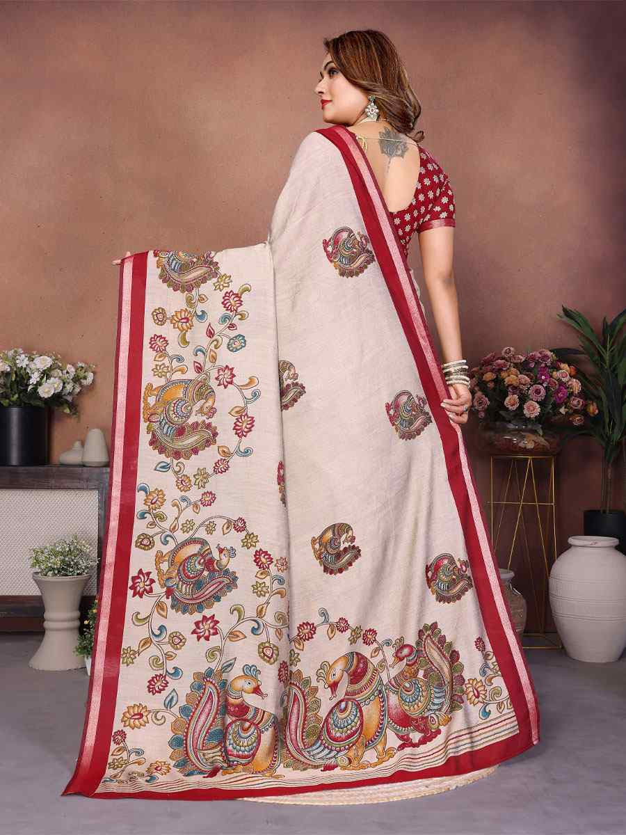 Multi Mul Cotton Kalamkari Printed Festival Wedding Fancy Heavy Border Saree