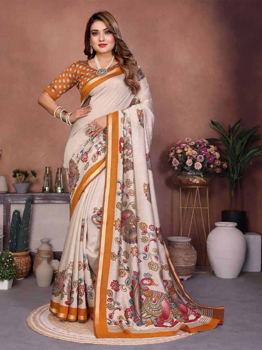 Multi Mul Cotton Kalamkari Printed Festival Wedding Fancy Heavy Border Saree