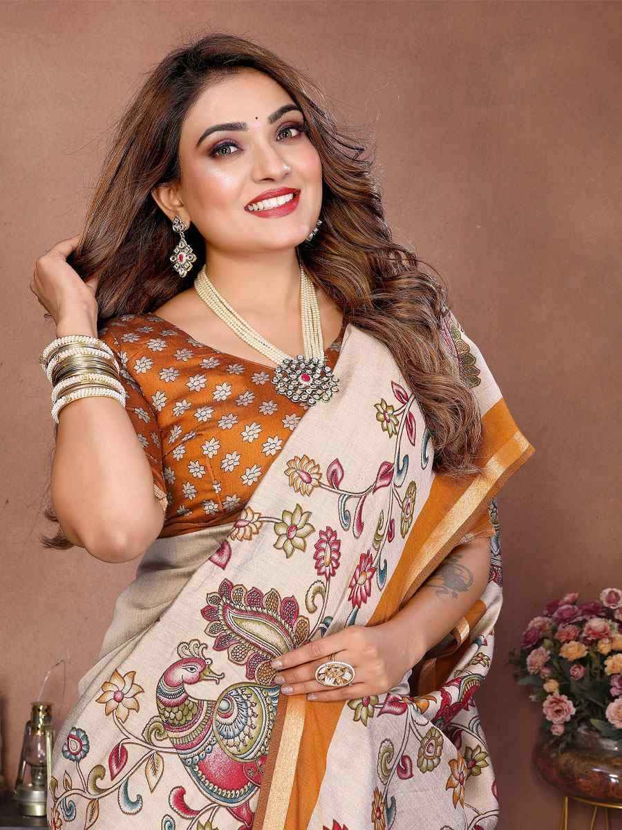 Multi Mul Cotton Kalamkari Printed Festival Wedding Fancy Heavy Border Saree