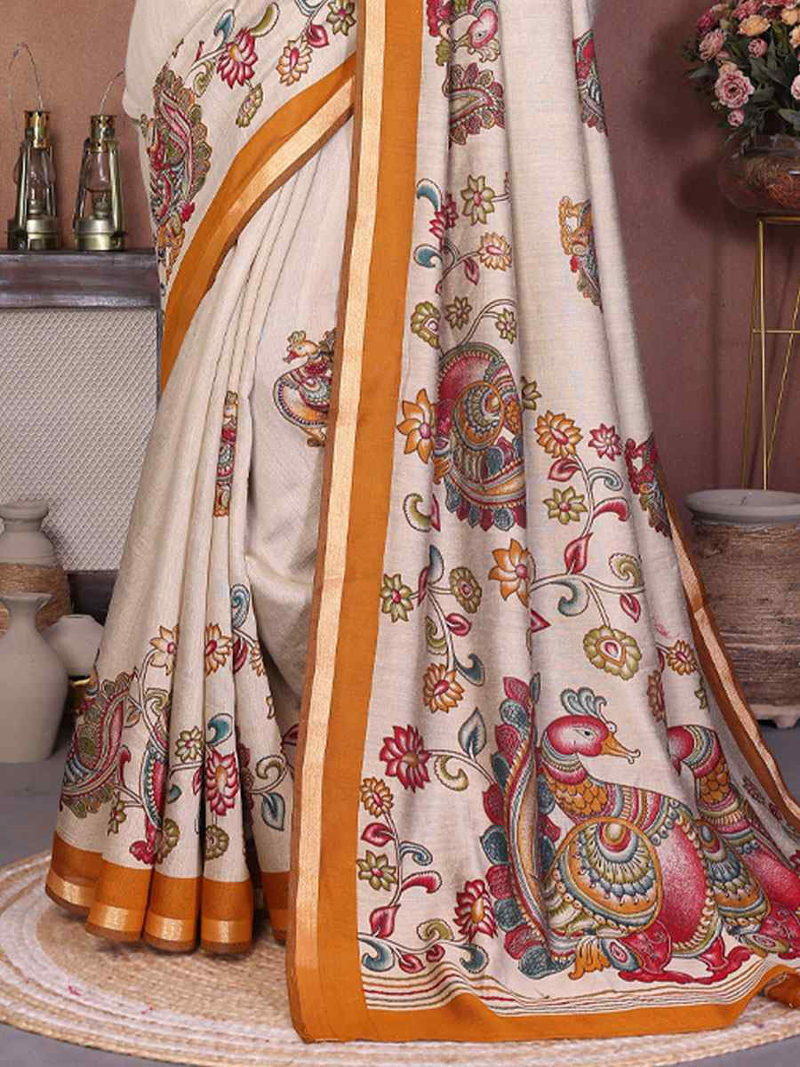 Multi Mul Cotton Kalamkari Printed Festival Wedding Fancy Heavy Border Saree