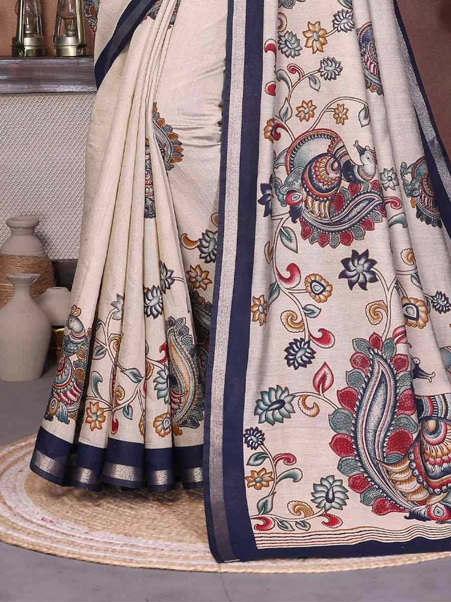 Multi Mul Cotton Kalamkari Printed Festival Wedding Fancy Heavy Border Saree
