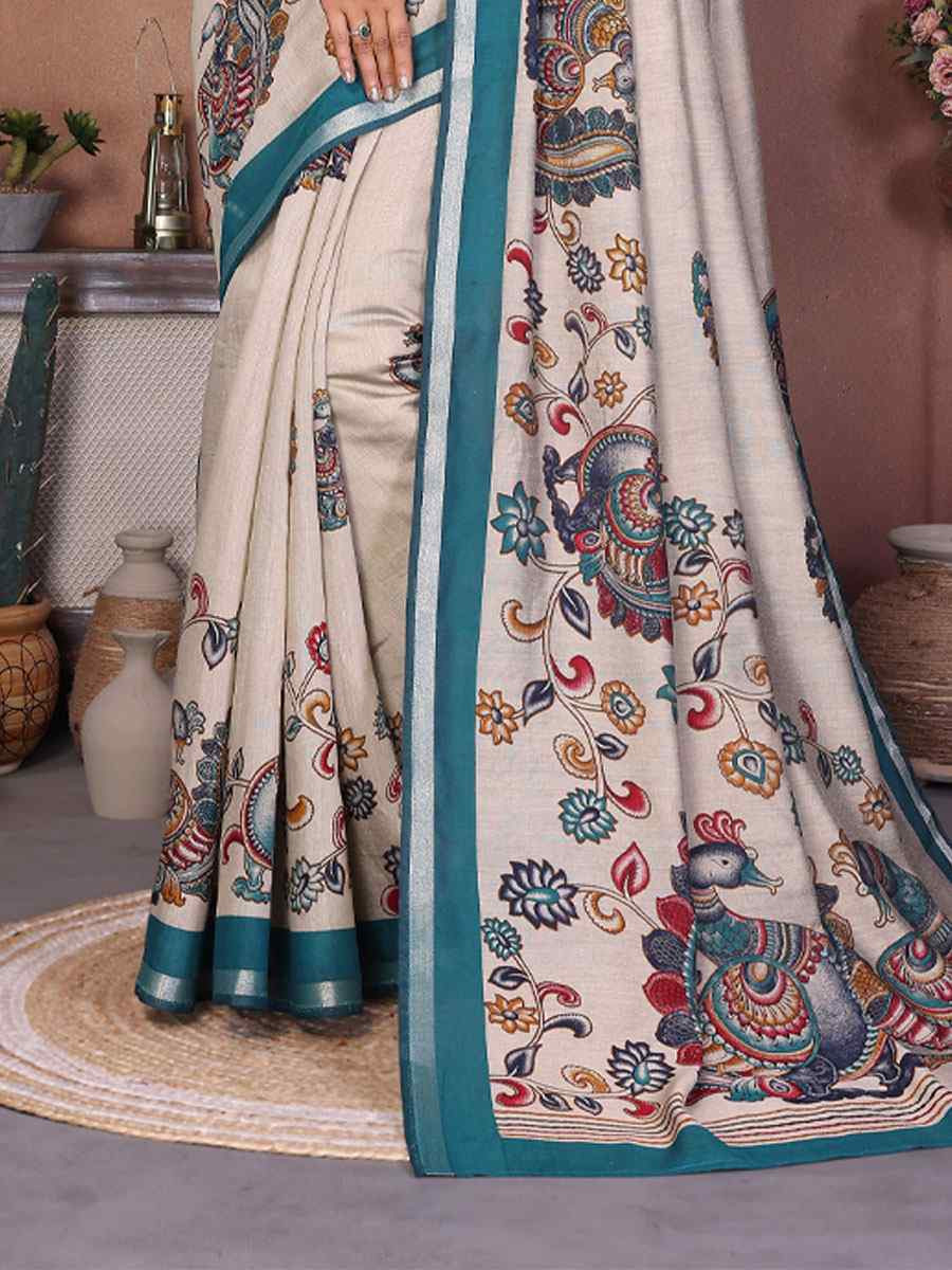 Multi Mul Cotton Kalamkari Printed Festival Wedding Fancy Heavy Border Saree