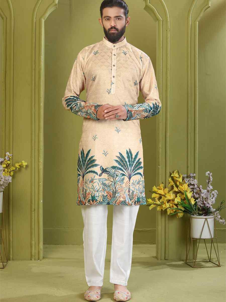 Multi Muslin Cotton Embroidery And Printed Festival Wedding Party Mens Kurta
