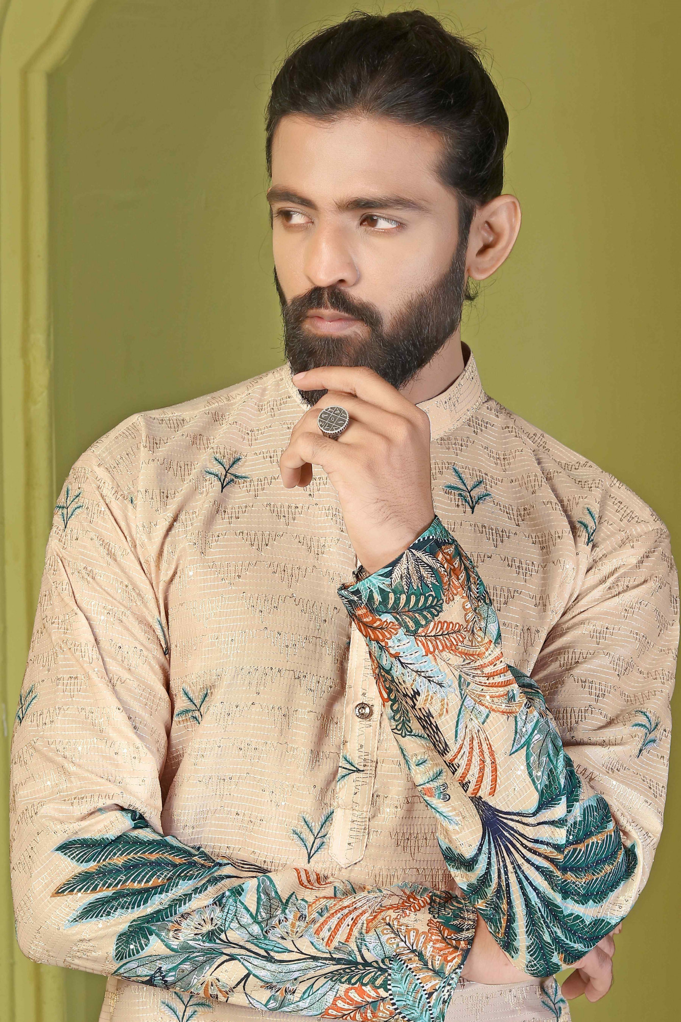 Multi Muslin Cotton Embroidery And Printed Festival Wedding Party Mens Kurta