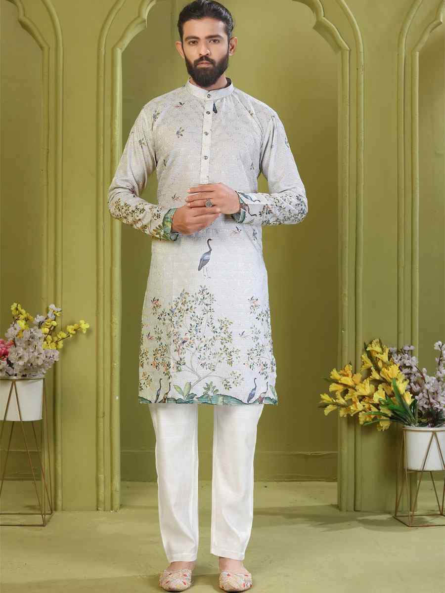 Multi Muslin Cotton Embroidery And Printed Festival Wedding Party Mens Kurta