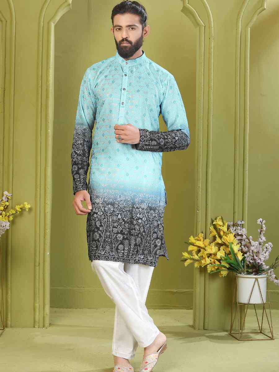 Multi Muslin Cotton Embroidery And Printed Festival Wedding Party Mens Kurta