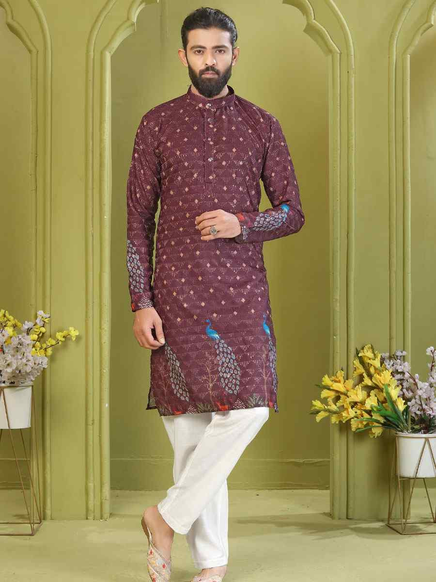 Multi Muslin Cotton Embroidery And Printed Festival Wedding Party Mens Kurta
