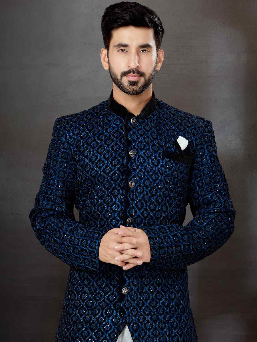 Multi Neel Velvet Embroidered Festival Wedding Sherwani