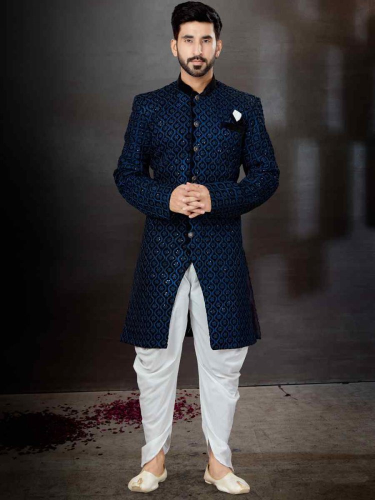 Multi Neel Velvet Embroidered Festival Wedding Sherwani