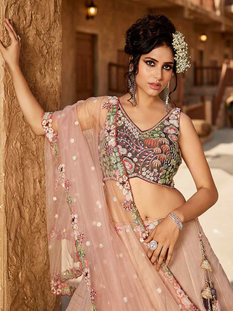 Multi Net Embroidered Bridesmaid Wedding Heavy Border Lehenga Choli