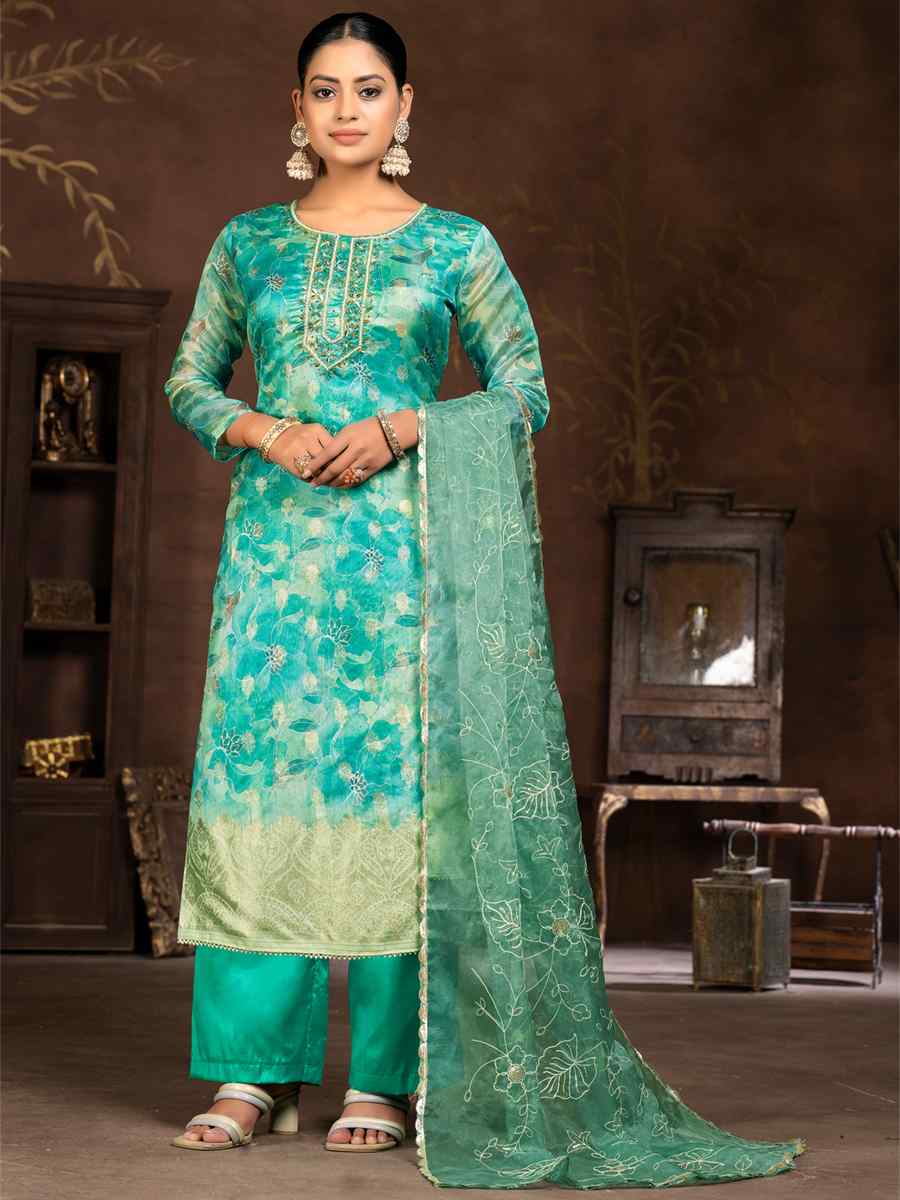 Multi Organza Banarasi Jacquard Embroidered Casual Festival Pant Salwar Kameez