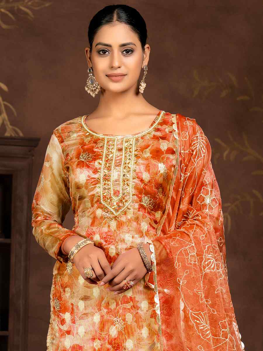 Multi Organza Banarasi Jacquard Embroidered Casual Festival Pant Salwar Kameez