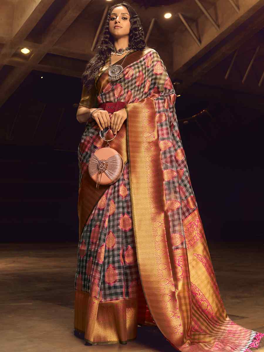 Multi Organza Checks Handwoven Casual Festival Heavy Border Saree