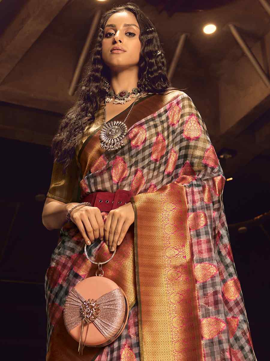 Multi Organza Checks Handwoven Casual Festival Heavy Border Saree