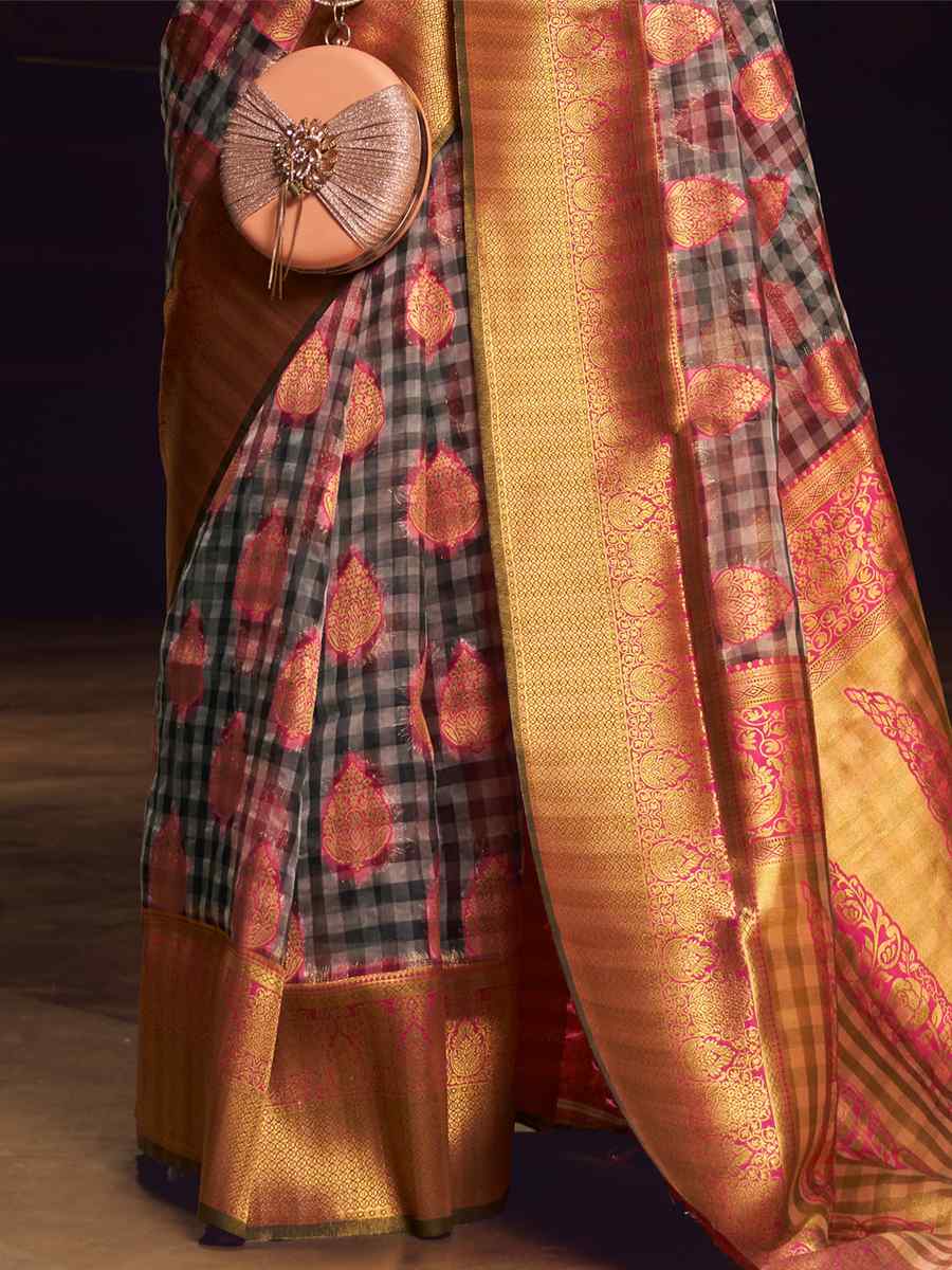 Multi Organza Checks Handwoven Casual Festival Heavy Border Saree