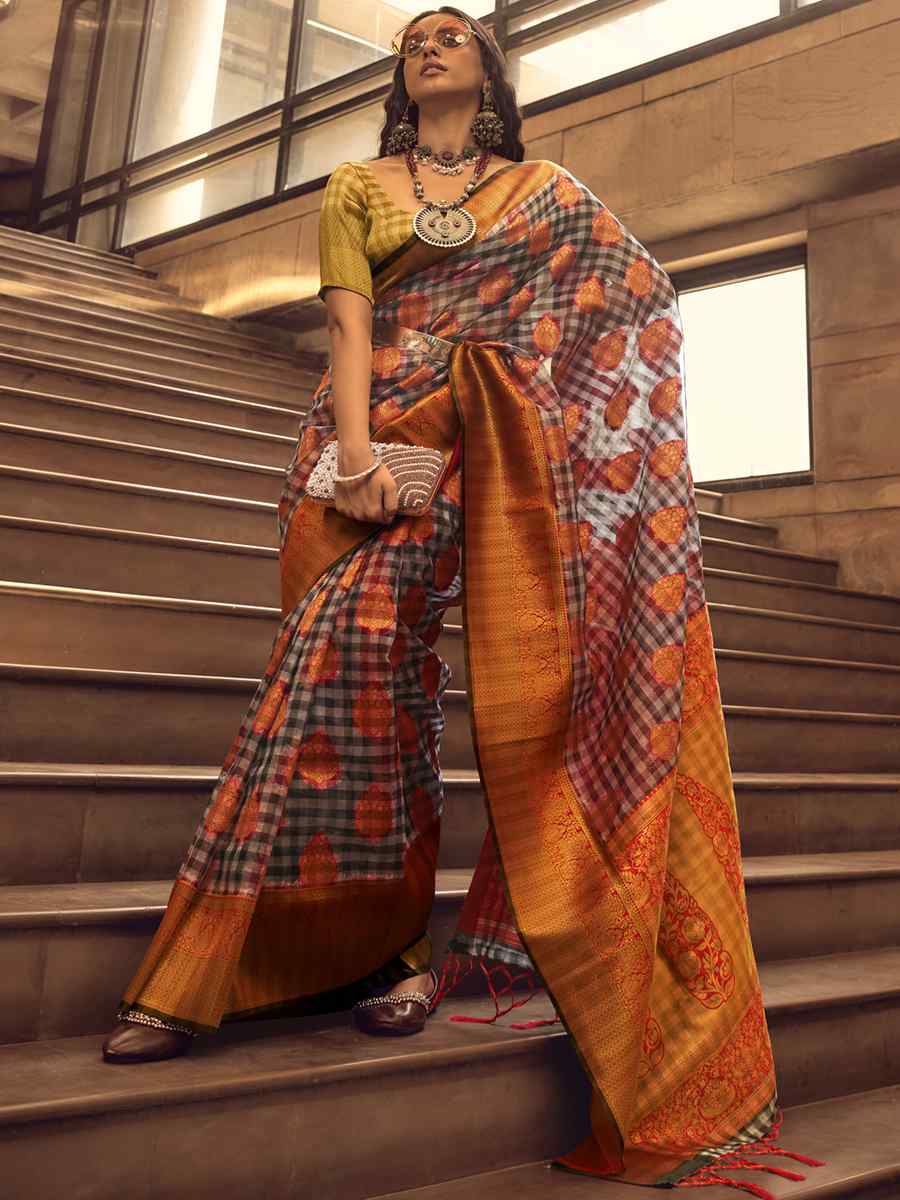 Multi Organza Checks Handwoven Casual Festival Heavy Border Saree