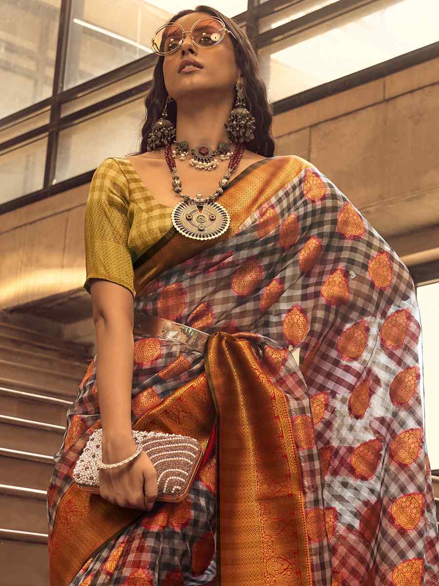Multi Organza Checks Handwoven Casual Festival Heavy Border Saree