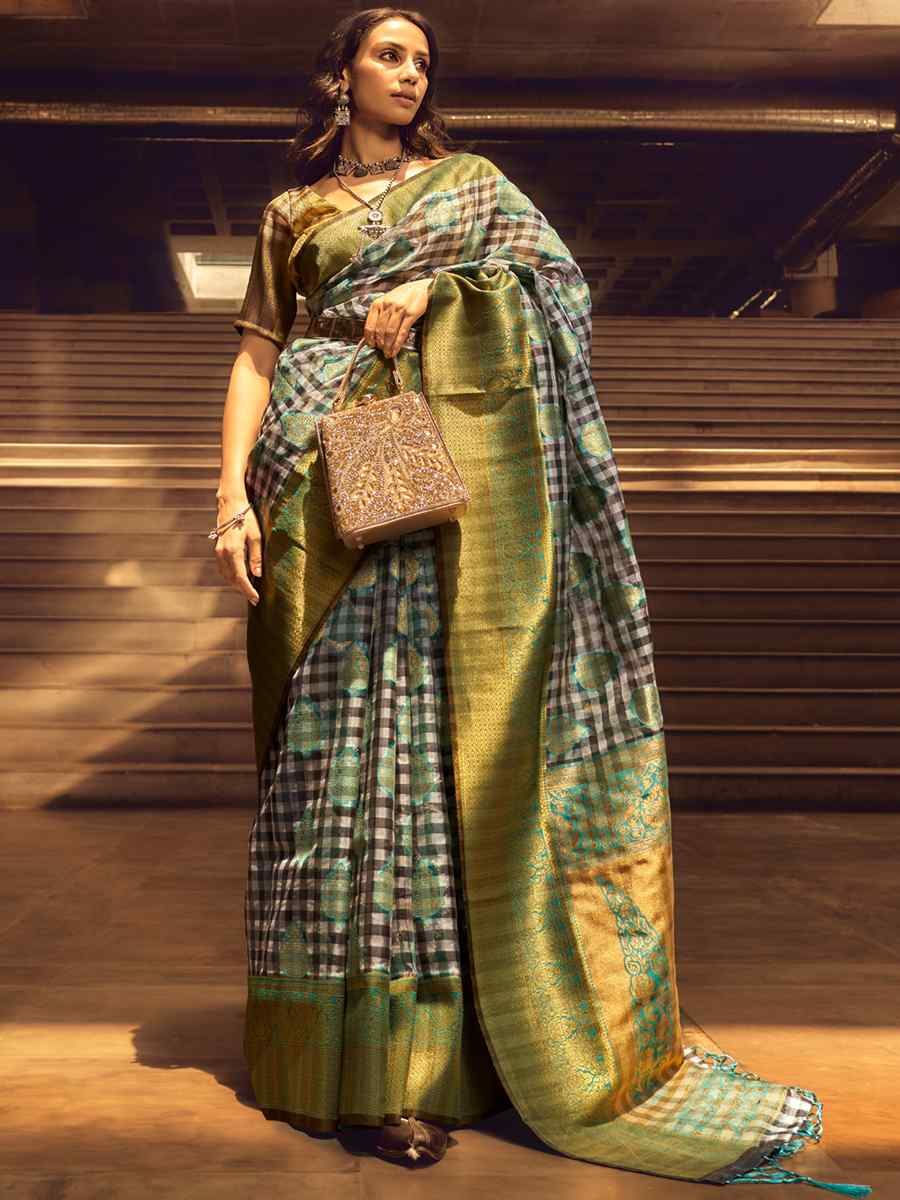 Multi Organza Checks Handwoven Casual Festival Heavy Border Saree