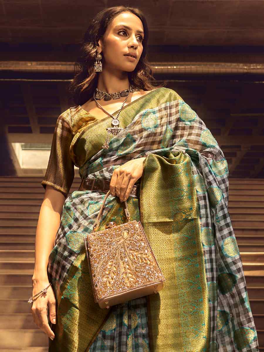 Multi Organza Checks Handwoven Casual Festival Heavy Border Saree