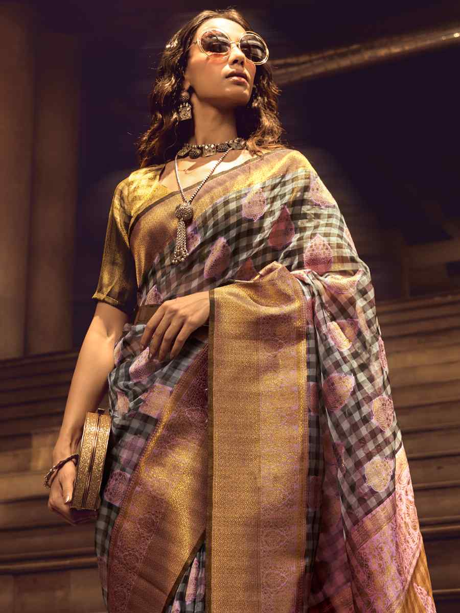 Multi Organza Checks Handwoven Casual Festival Heavy Border Saree