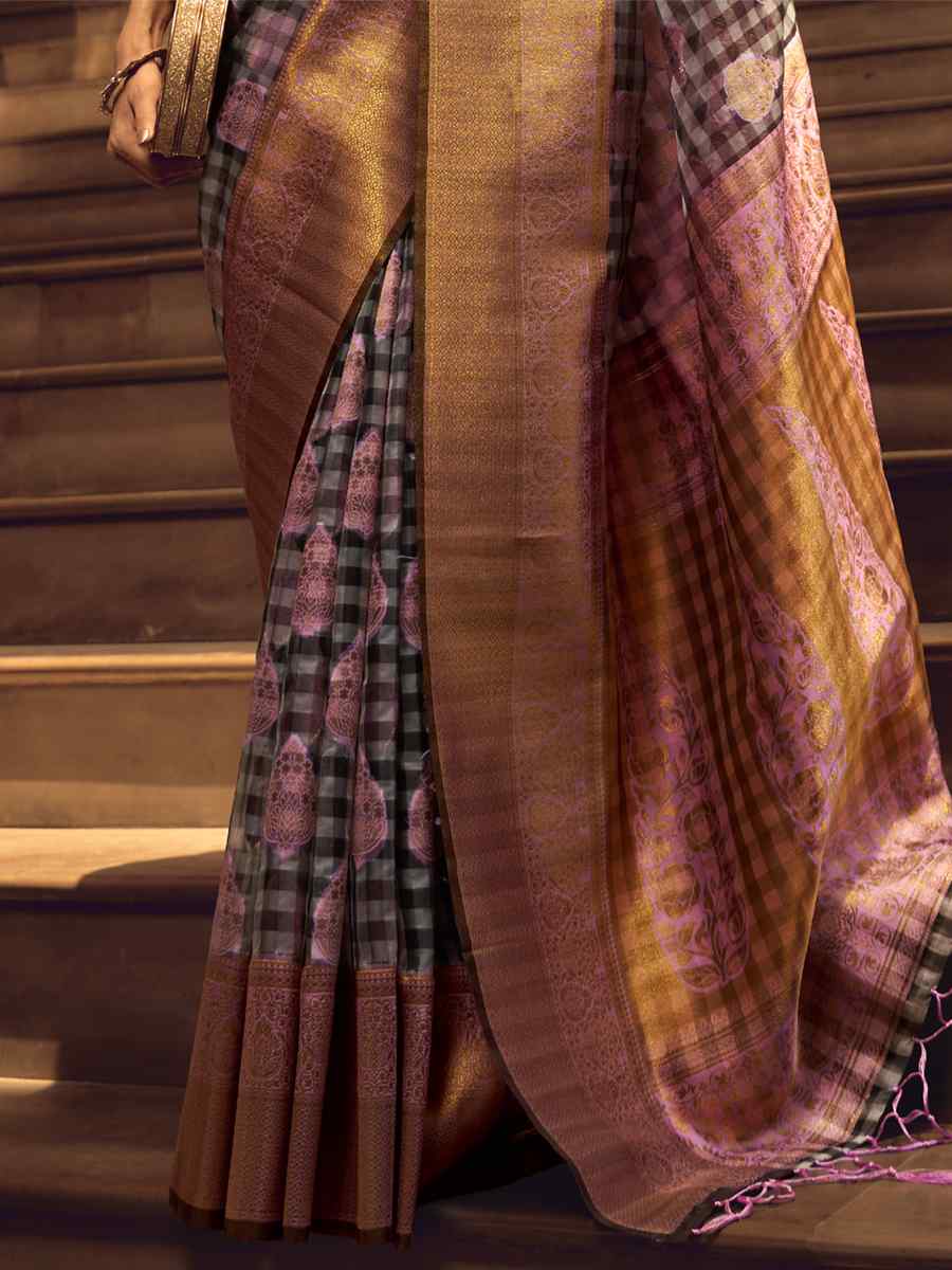 Multi Organza Checks Handwoven Casual Festival Heavy Border Saree