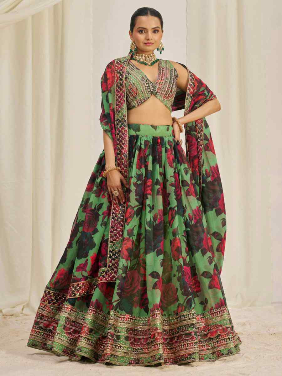 Multi Organza Embroidered Bridesmaid Wedding Heavy Border Lehenga Choli