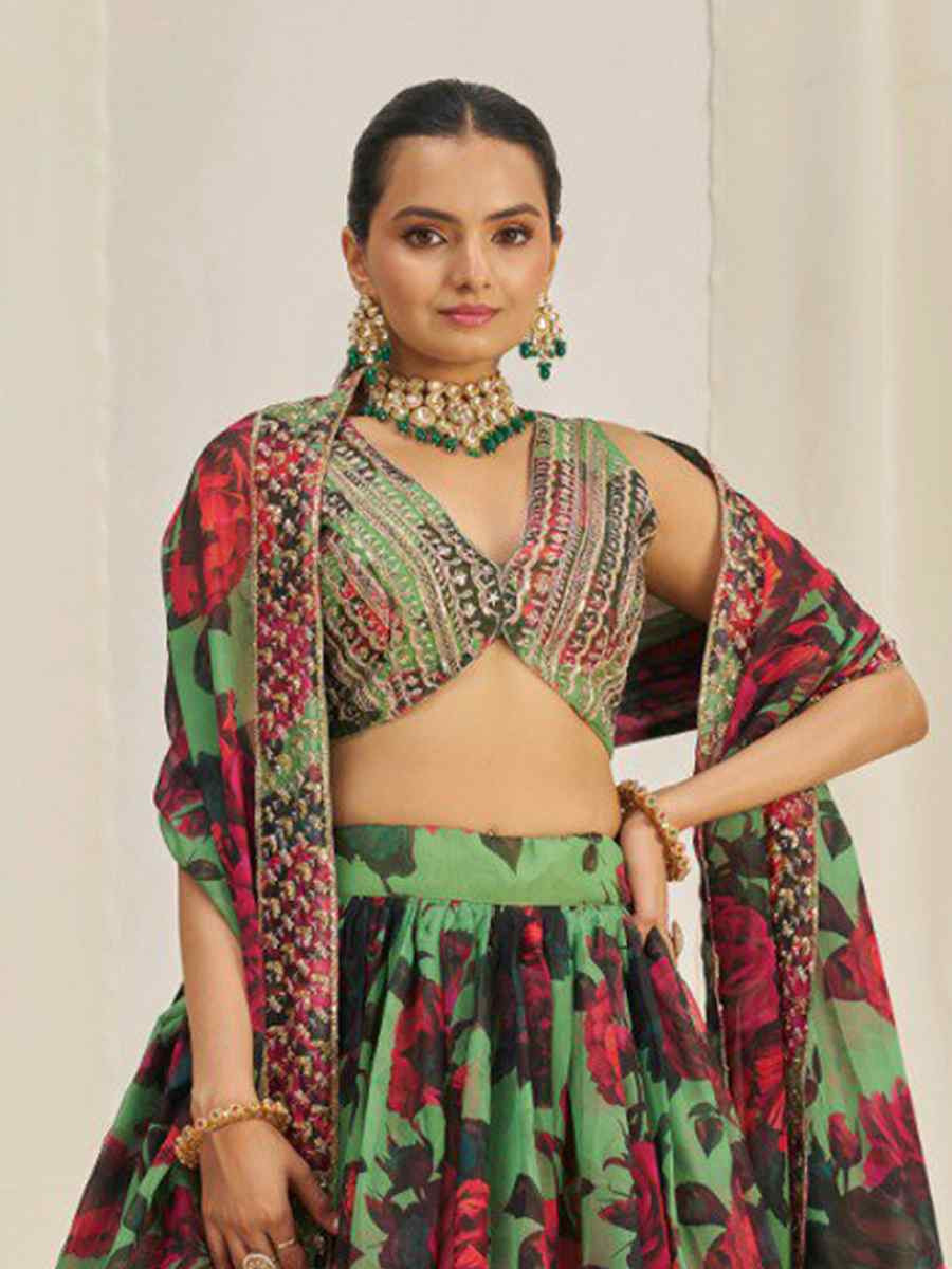 Multi Organza Embroidered Bridesmaid Wedding Heavy Border Lehenga Choli