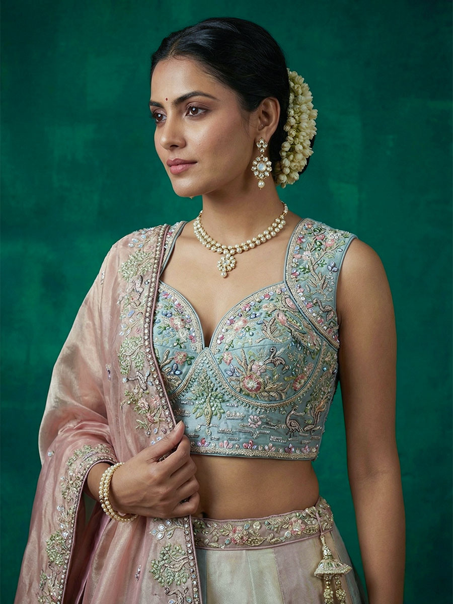 Multi Organza Embroidery Zari Sequins Wedding Reception Party Wear Festival Heavy Border Lehenga Choli