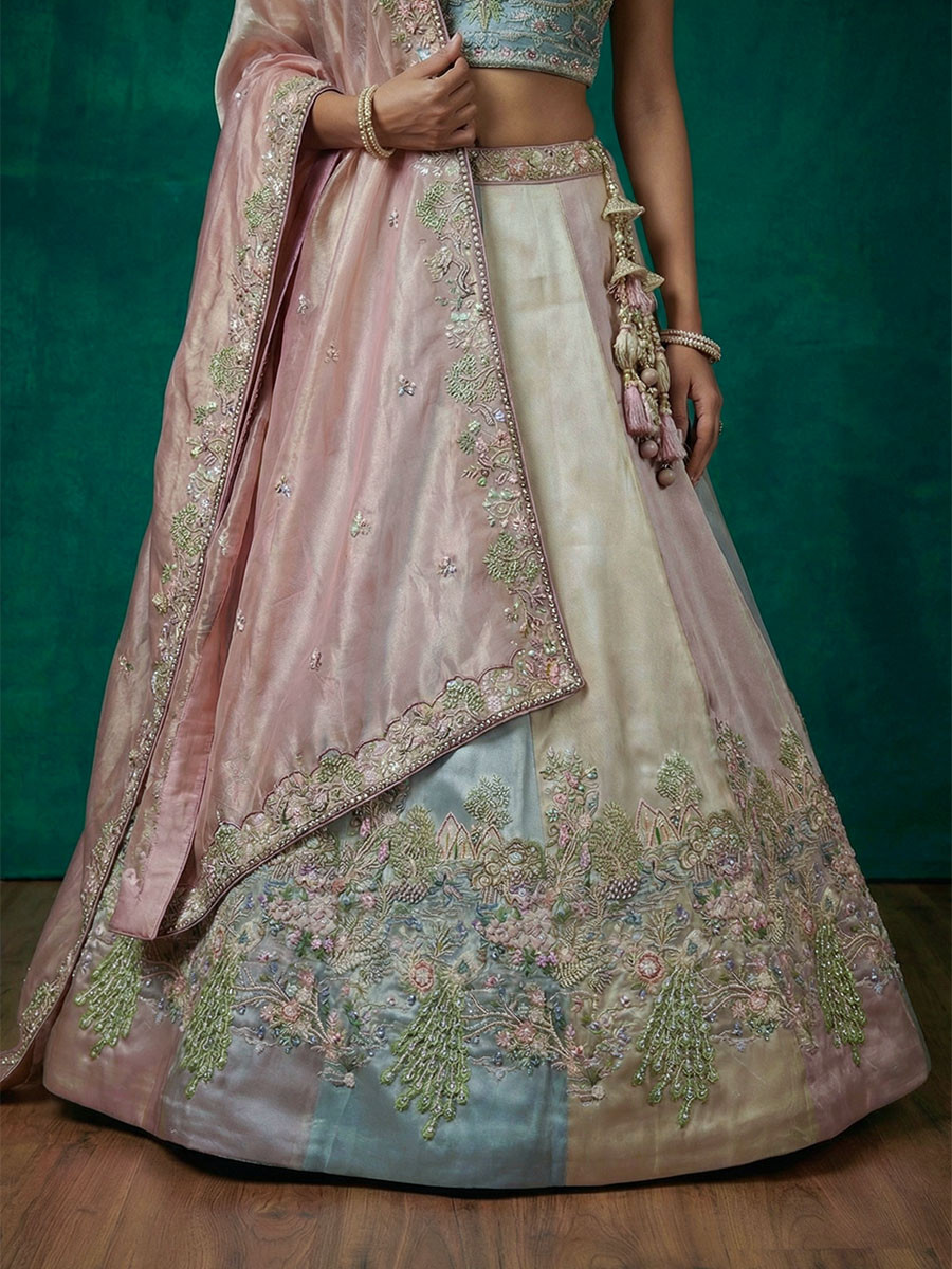 Multi Organza Embroidery Zari Sequins Wedding Reception Party Wear Festival Heavy Border Lehenga Choli
