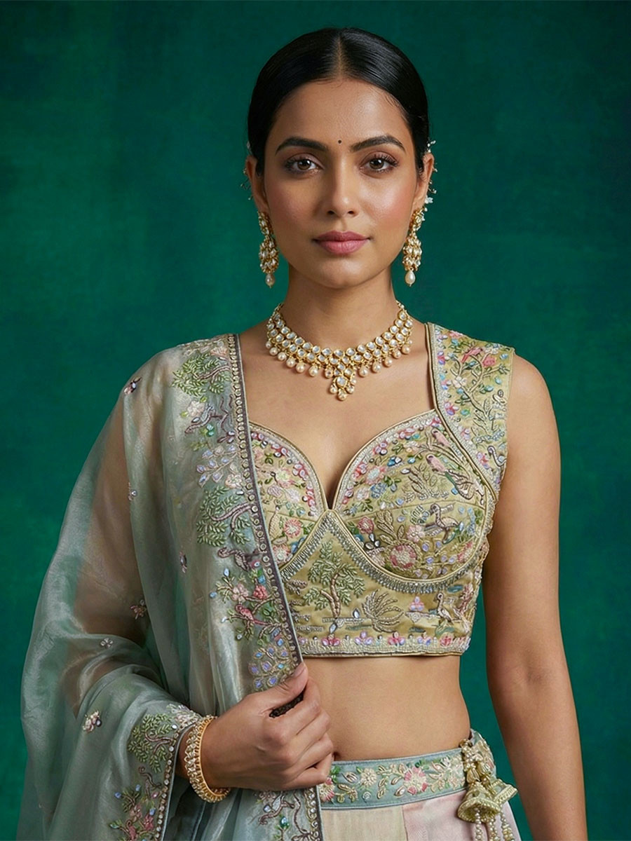 Multi Organza Embroidery Zari Sequins Wedding Reception Party Wear Festival Heavy Border Lehenga Choli