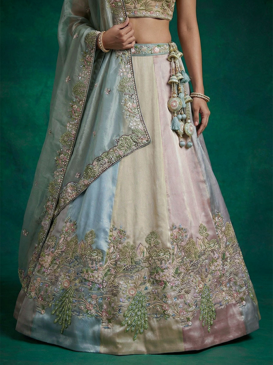 Multi Organza Embroidery Zari Sequins Wedding Reception Party Wear Festival Heavy Border Lehenga Choli