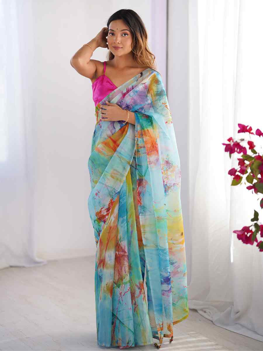 Multi Organza Printed Festival Wedding Fancy Heavy Border Saree