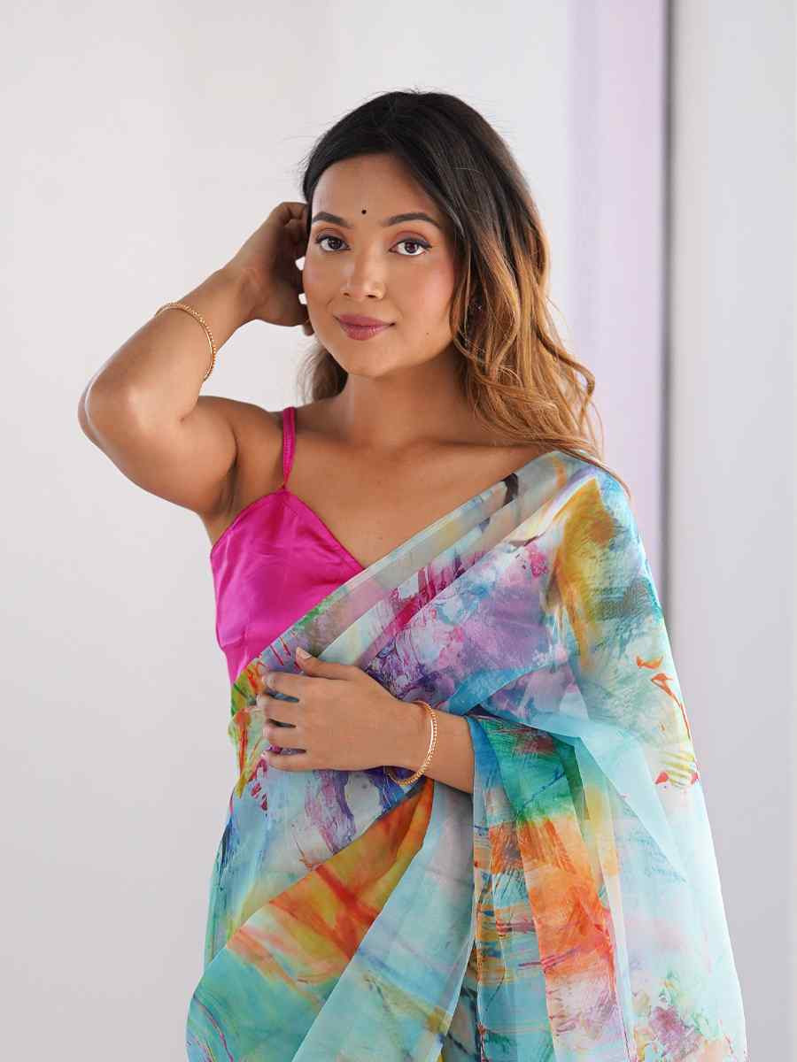 Multi Organza Printed Festival Wedding Fancy Heavy Border Saree