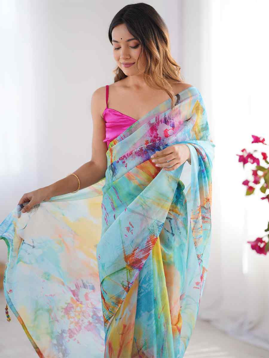 Multi Organza Printed Festival Wedding Fancy Heavy Border Saree