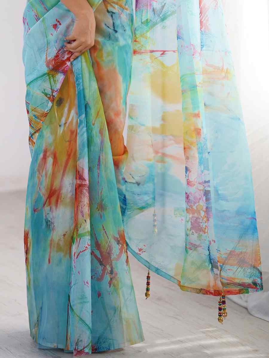Multi Organza Printed Festival Wedding Fancy Heavy Border Saree