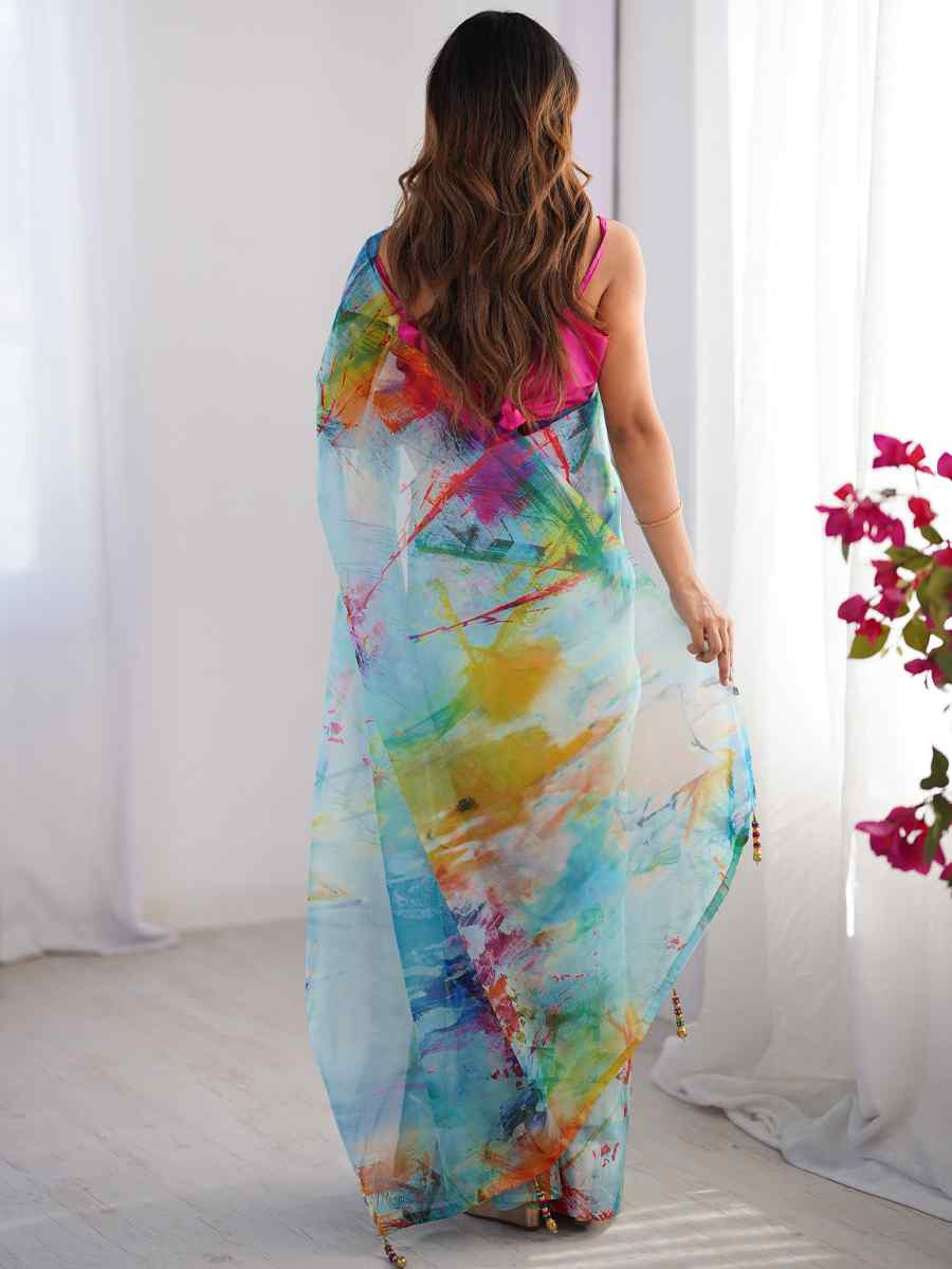 Multi Organza Printed Festival Wedding Fancy Heavy Border Saree