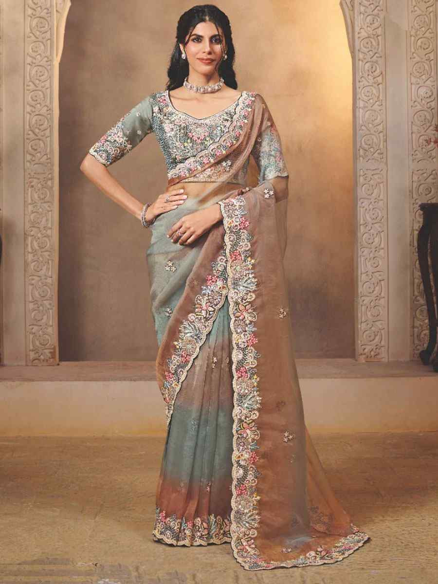 Multi Organza Satin Embroidery Festival Wedding Fancy Heavy Border Saree