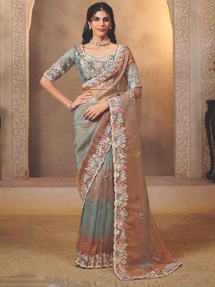 Image of Multi Organza Satin Embroidery Festival Wedding Fancy Heavy Border Saree