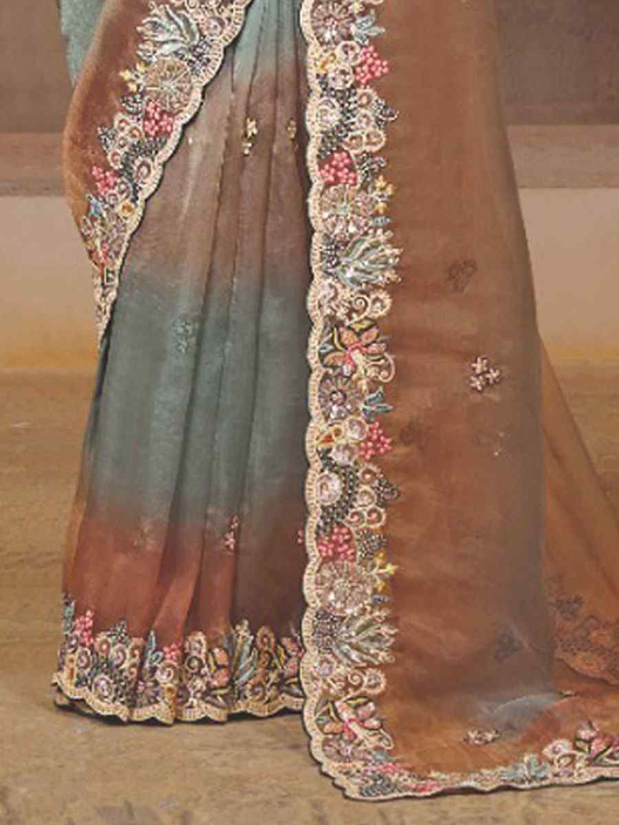 Multi Organza Satin Embroidery Festival Wedding Fancy Heavy Border Saree