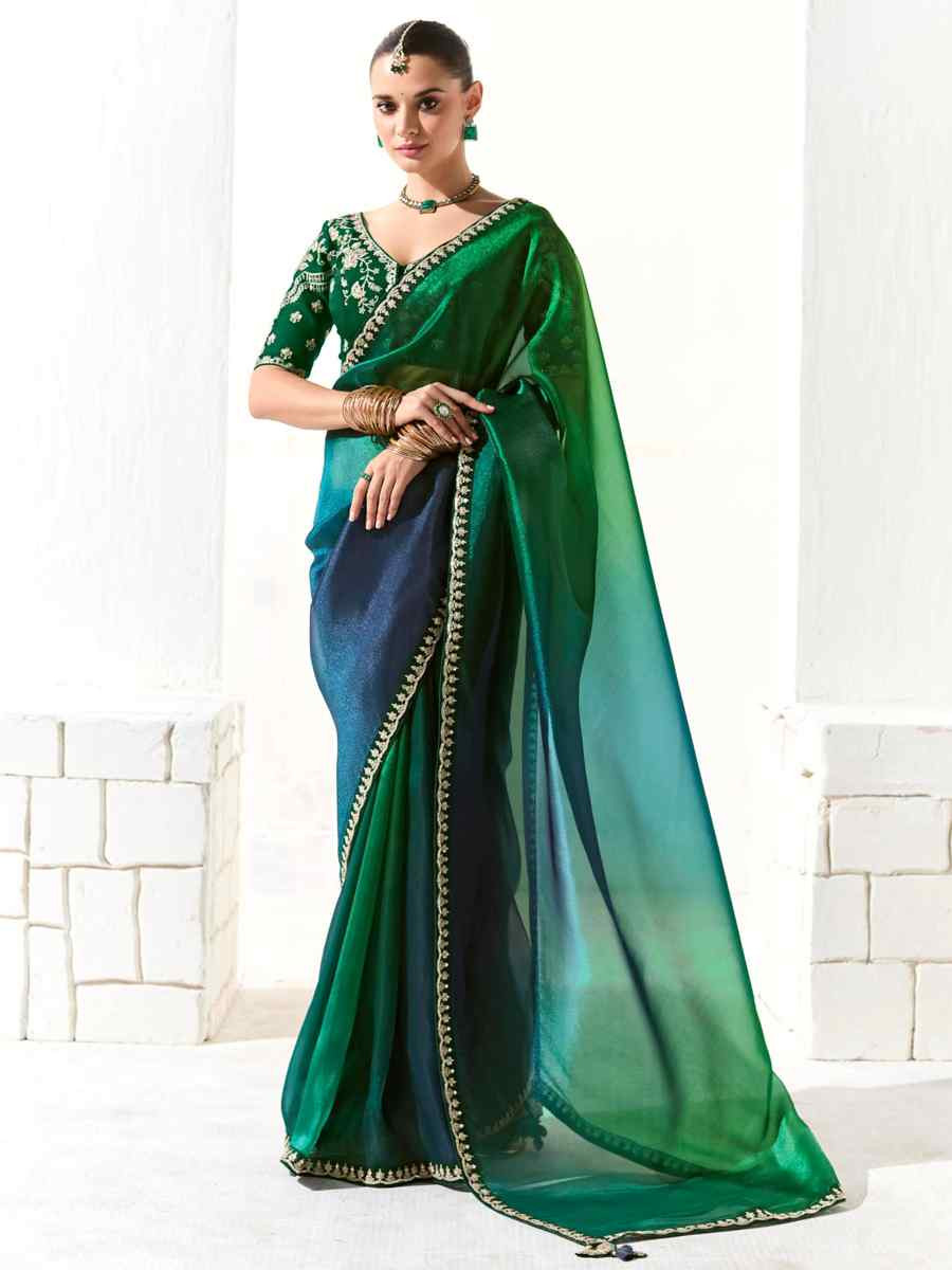 Multi Organza Tissue Embroidered Festival Wedding Fancy Heavy Border Saree