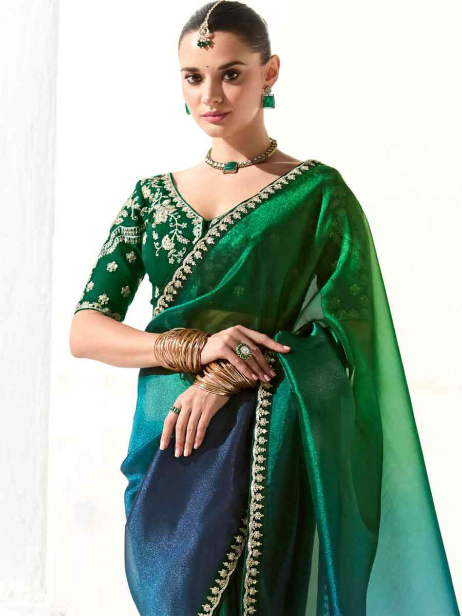 Multi Organza Tissue Embroidered Festival Wedding Fancy Heavy Border Saree