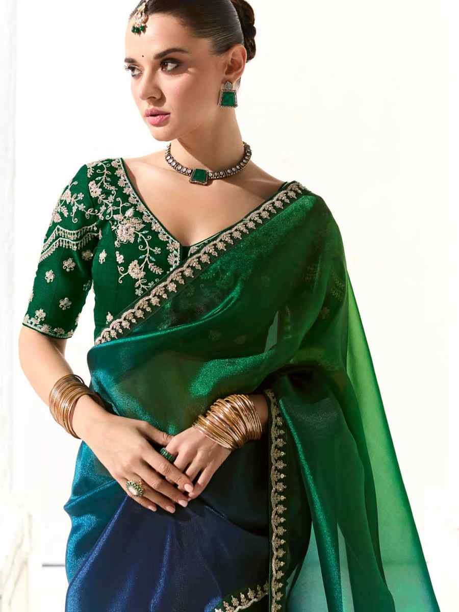 Multi Organza Tissue Embroidered Festival Wedding Fancy Heavy Border Saree