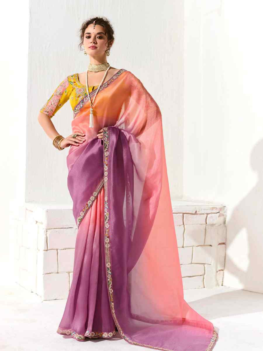 Multi Organza Tissue Embroidered Festival Wedding Fancy Heavy Border Saree